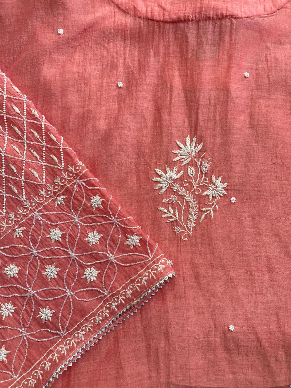 Pink Mul Chanderi Chikankari Kurta Set