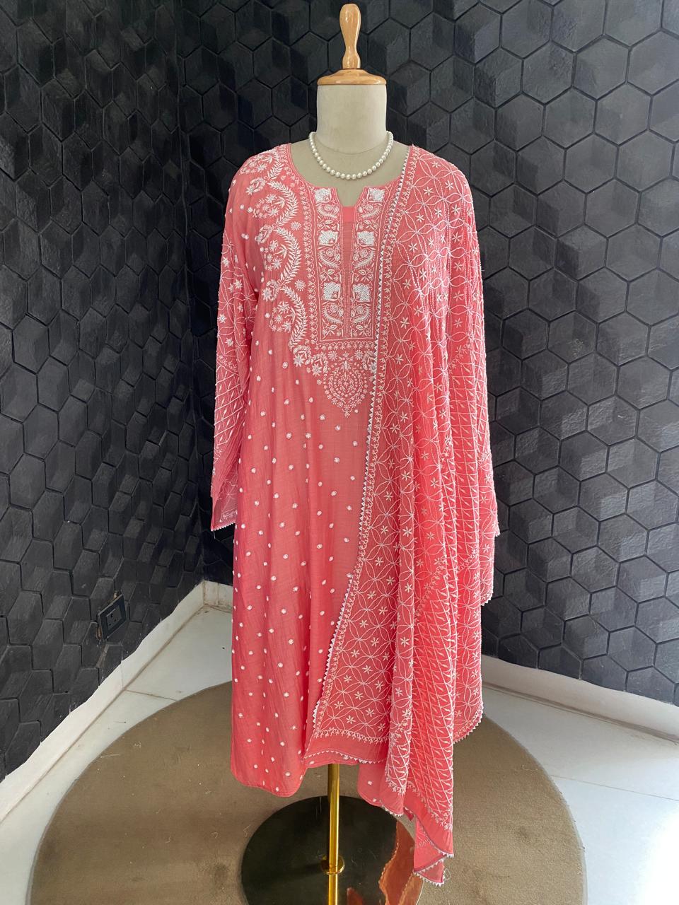 Pink Mul Chanderi Chikankari Kurta Set