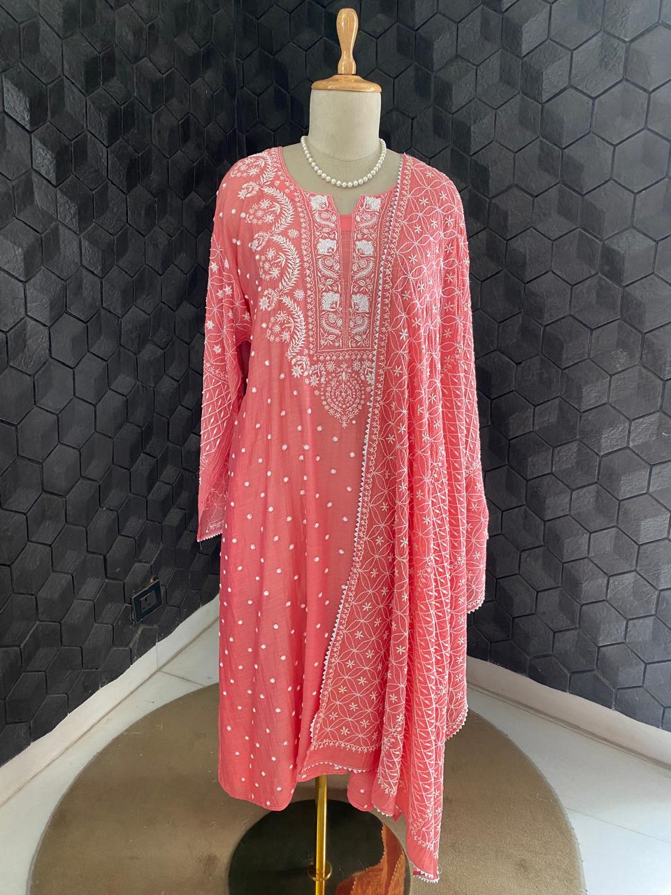 Pink Mul Chanderi Chikankari Kurta Set