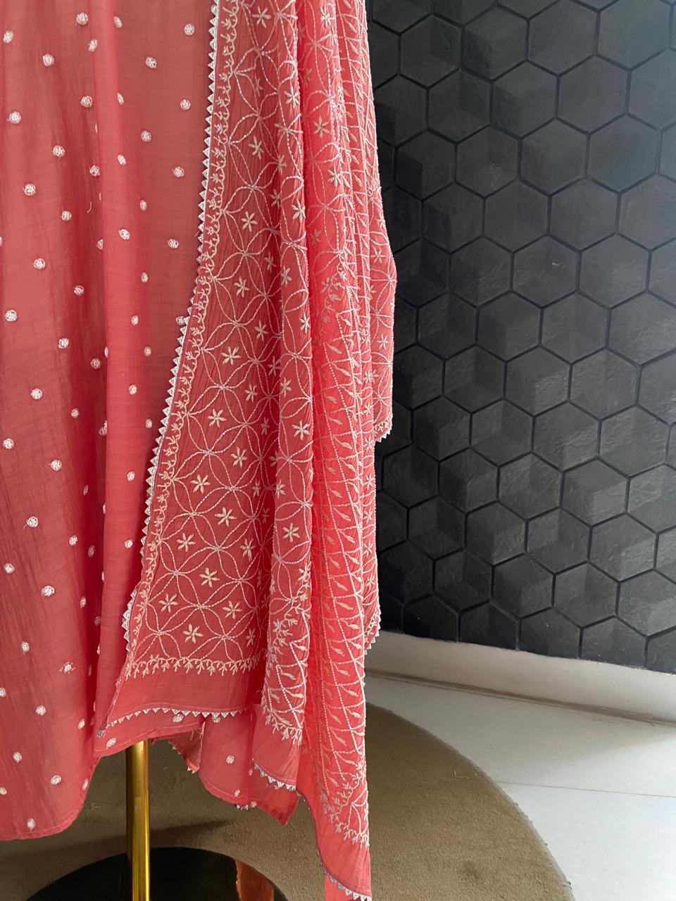 Pink Mul Chanderi Chikankari Kurta Set