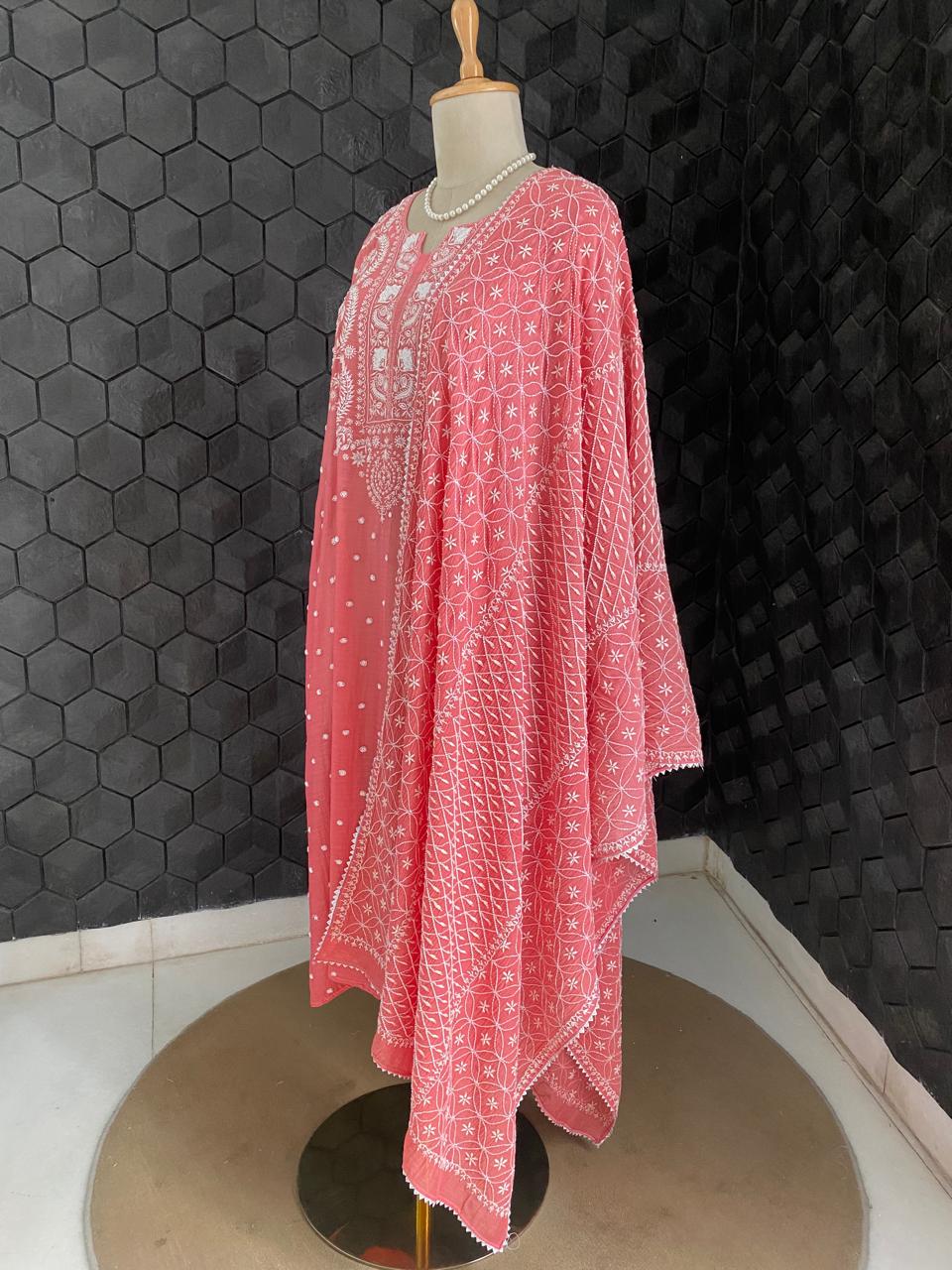 Pink Mul Chanderi Chikankari Kurta Set