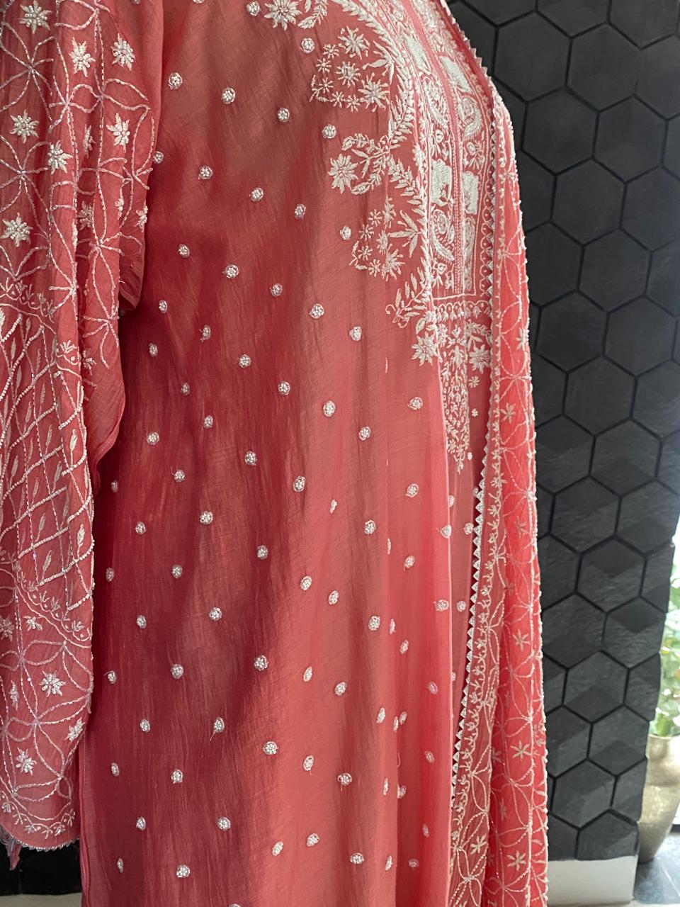 Pink Mul Chanderi Chikankari Kurta Set