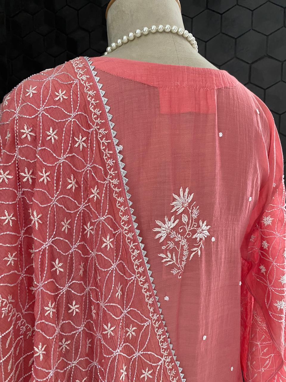 Pink Mul Chanderi Chikankari Kurta Set
