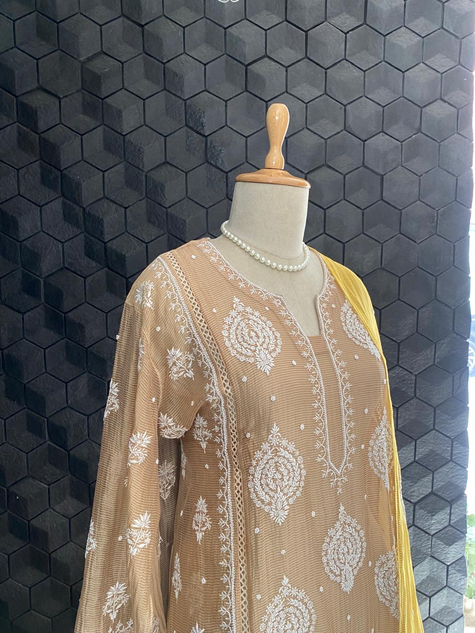Natural Strip Tissue Chikankari Kurta Set
