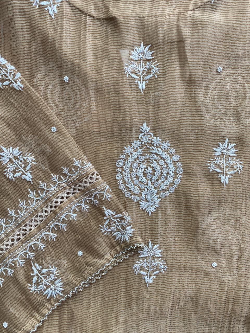 Natural Strip Tissue Chikankari Kurta Set