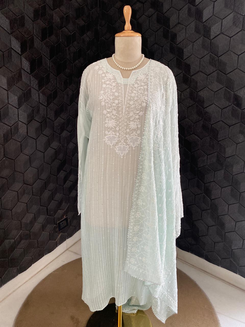 Mint Green Mul Chanderi Chikankari Kurta Set