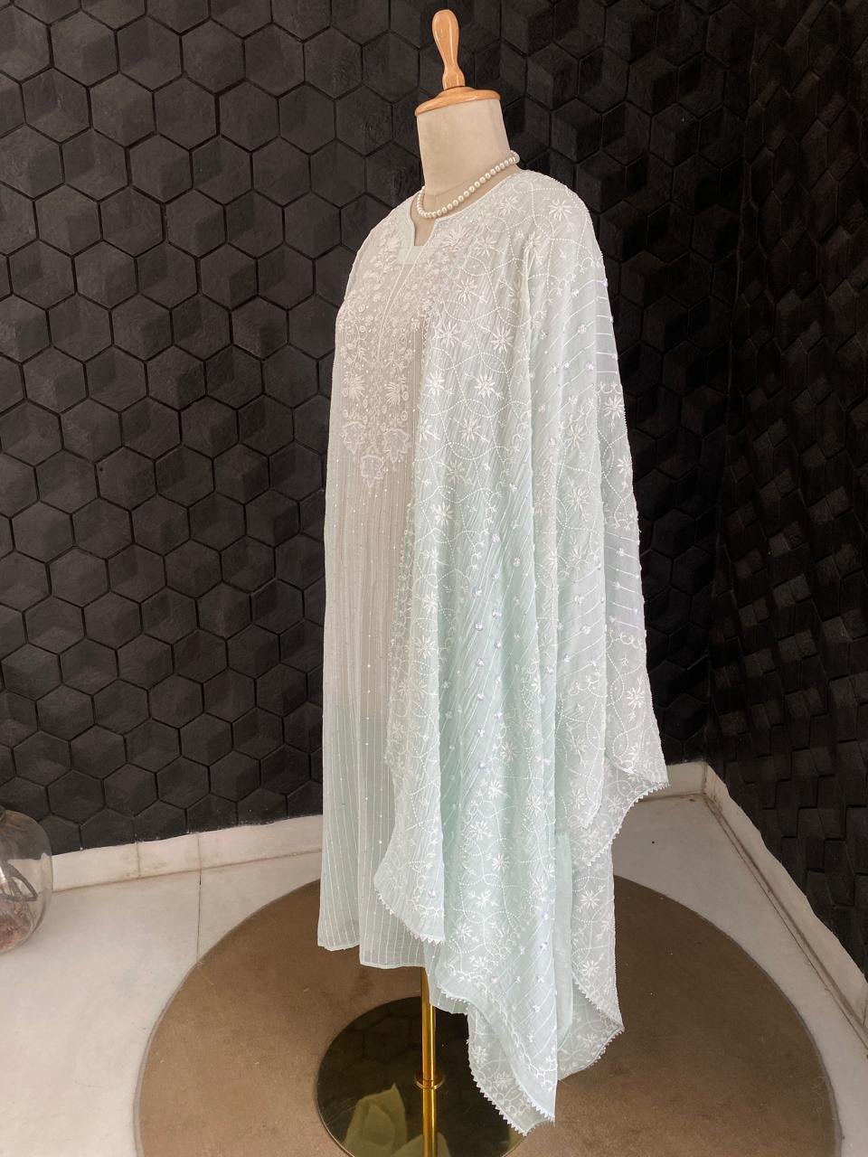 Mint Green Mul Chanderi Chikankari Kurta Set