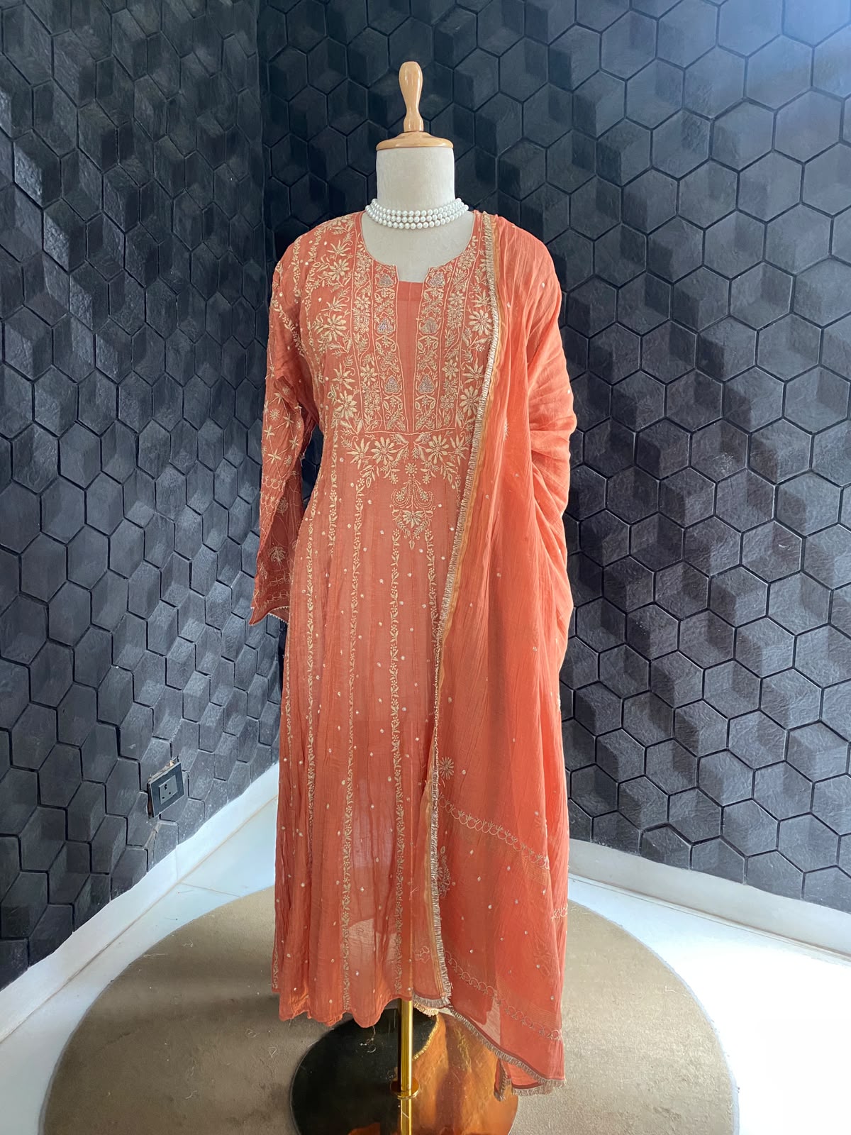 Rust Orange golden tissue Anarkali set