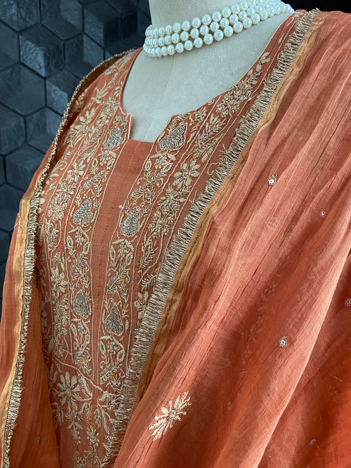Rust Orange golden tissue Anarkali set