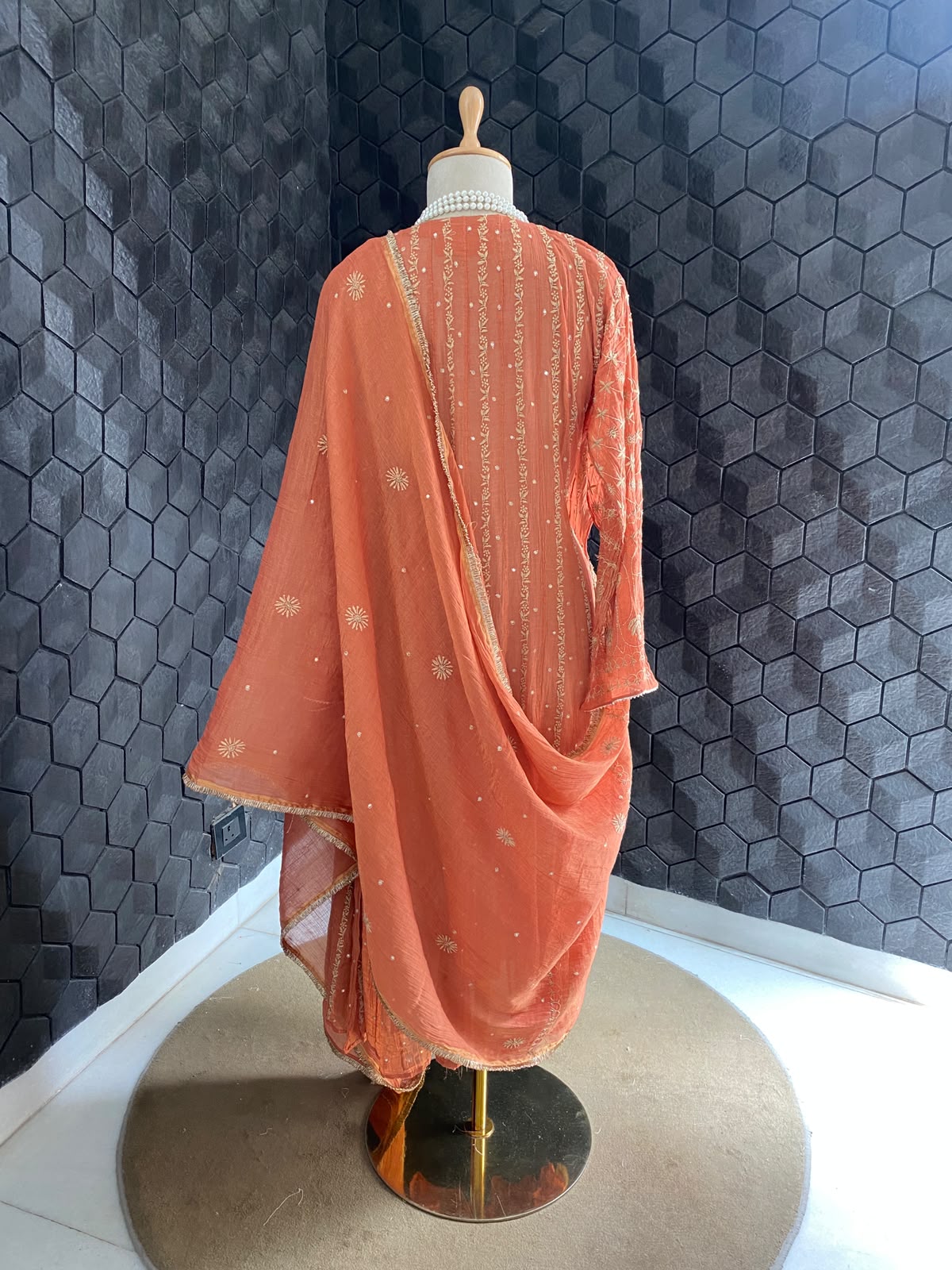 Rust Orange golden tissue Anarkali set