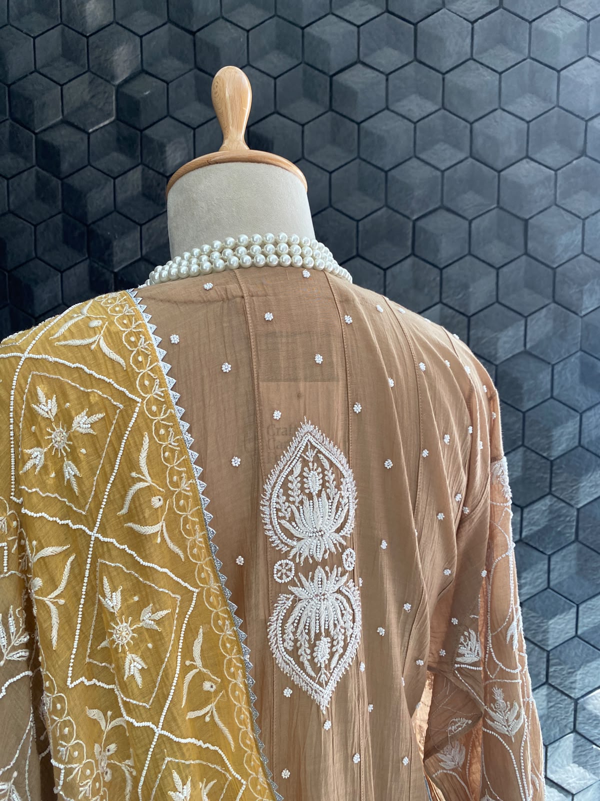 Brown chikankari anarkali set with ombre dupatta