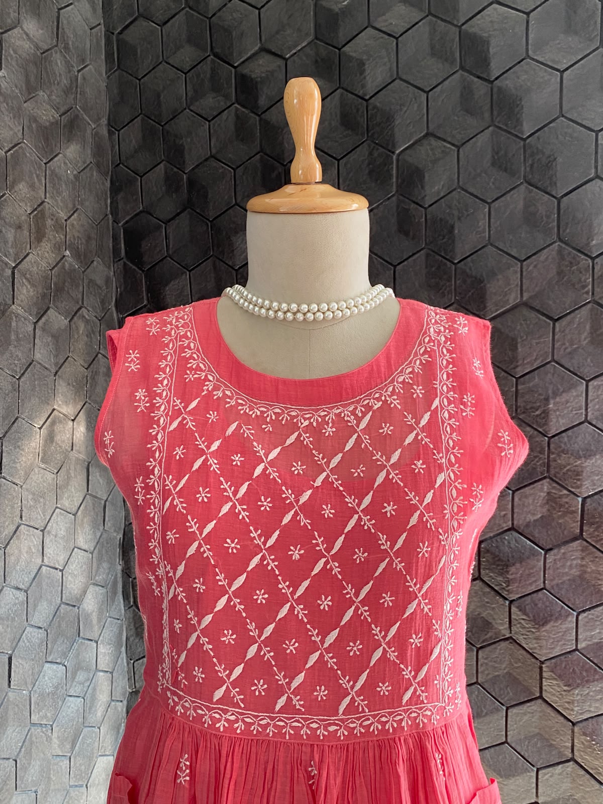 Pink ombre mul chanderi sleeveless chikankari dress