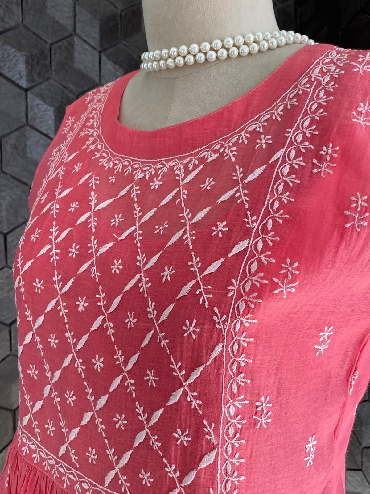 Pink ombre mul chanderi sleeveless chikankari dress