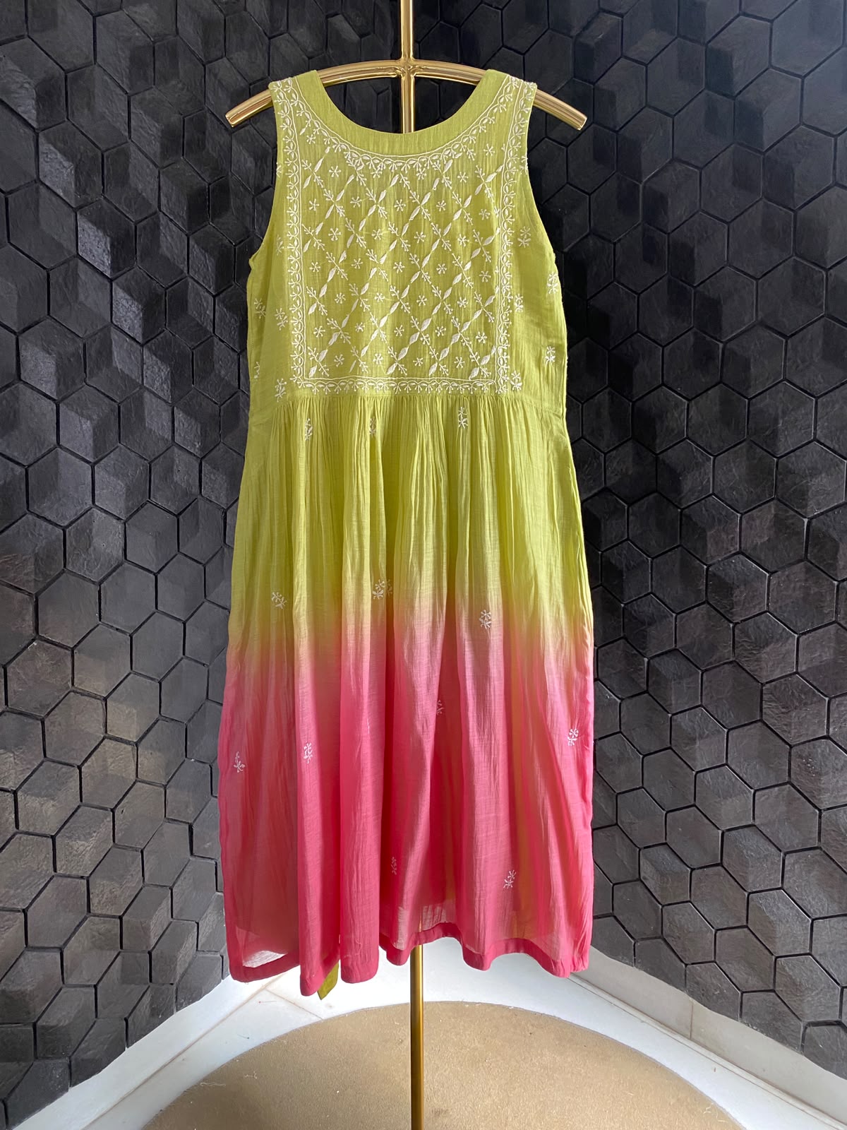 Lime Green pink ombre chikankari dress