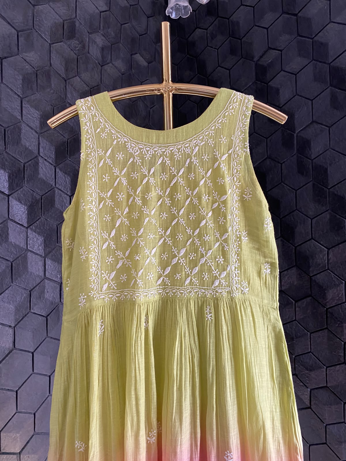 Lime Green pink ombre chikankari dress