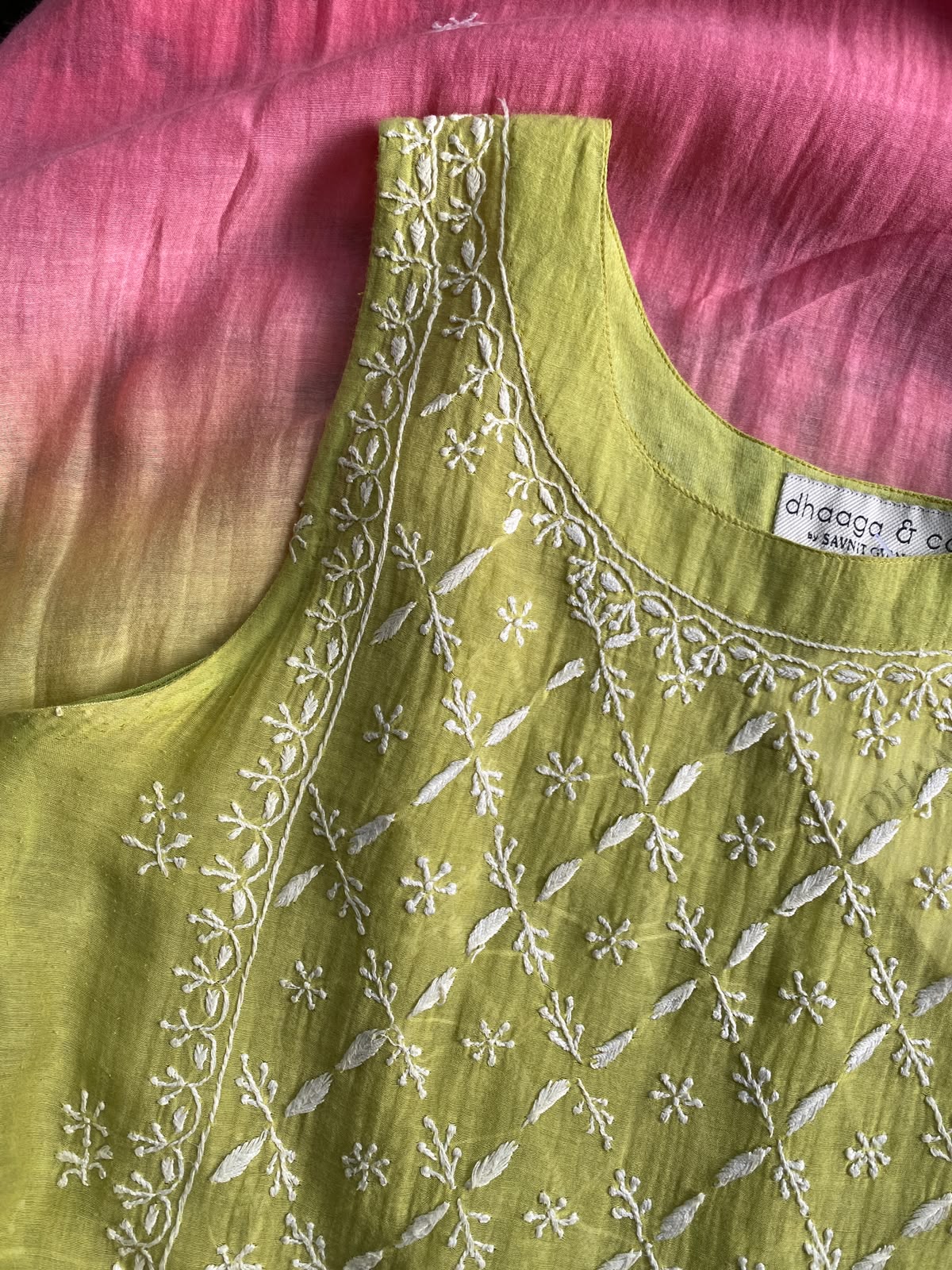 Lime Green pink ombre chikankari dress