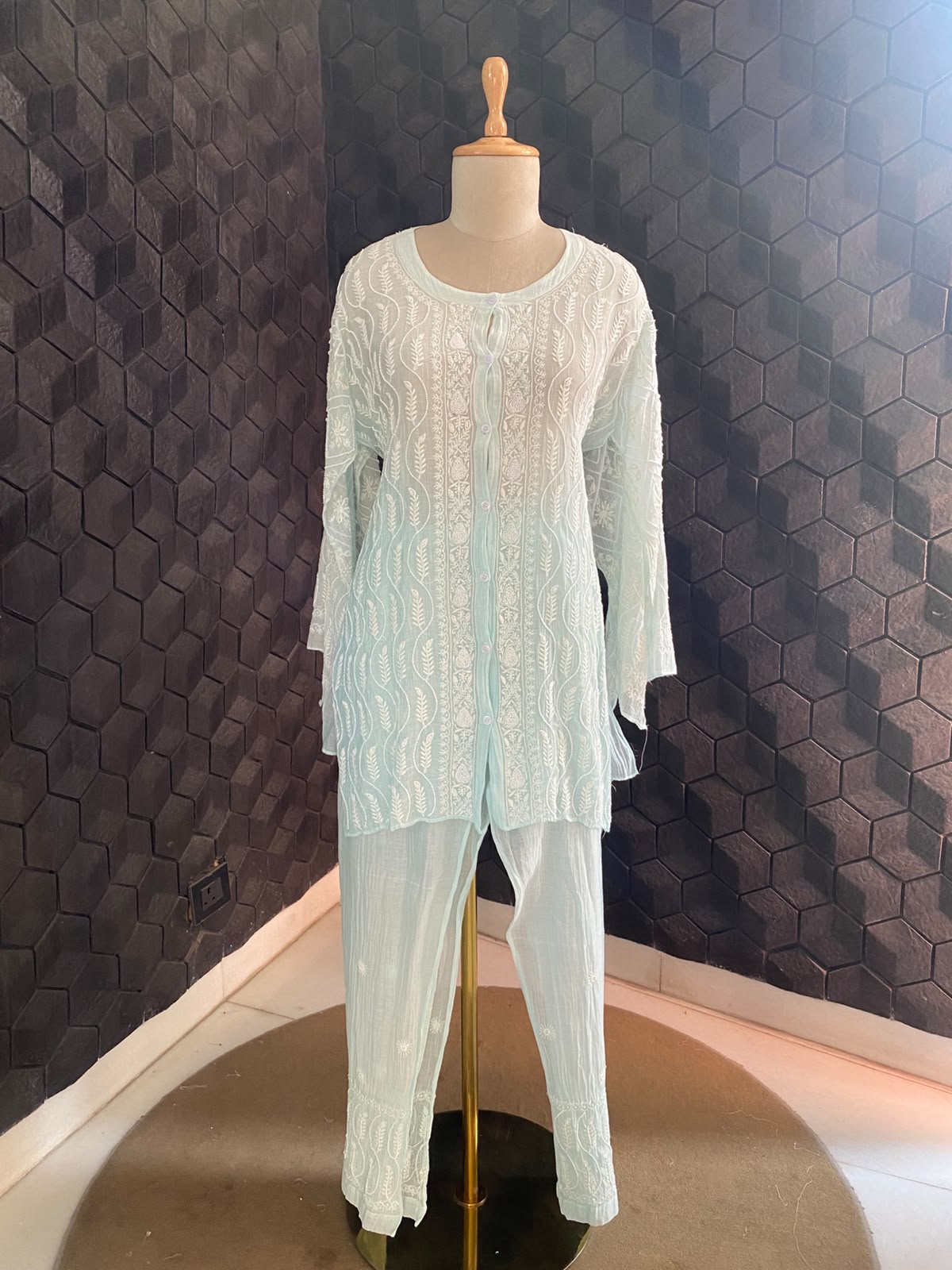 sea green mul chanderi chikankari co-ord set