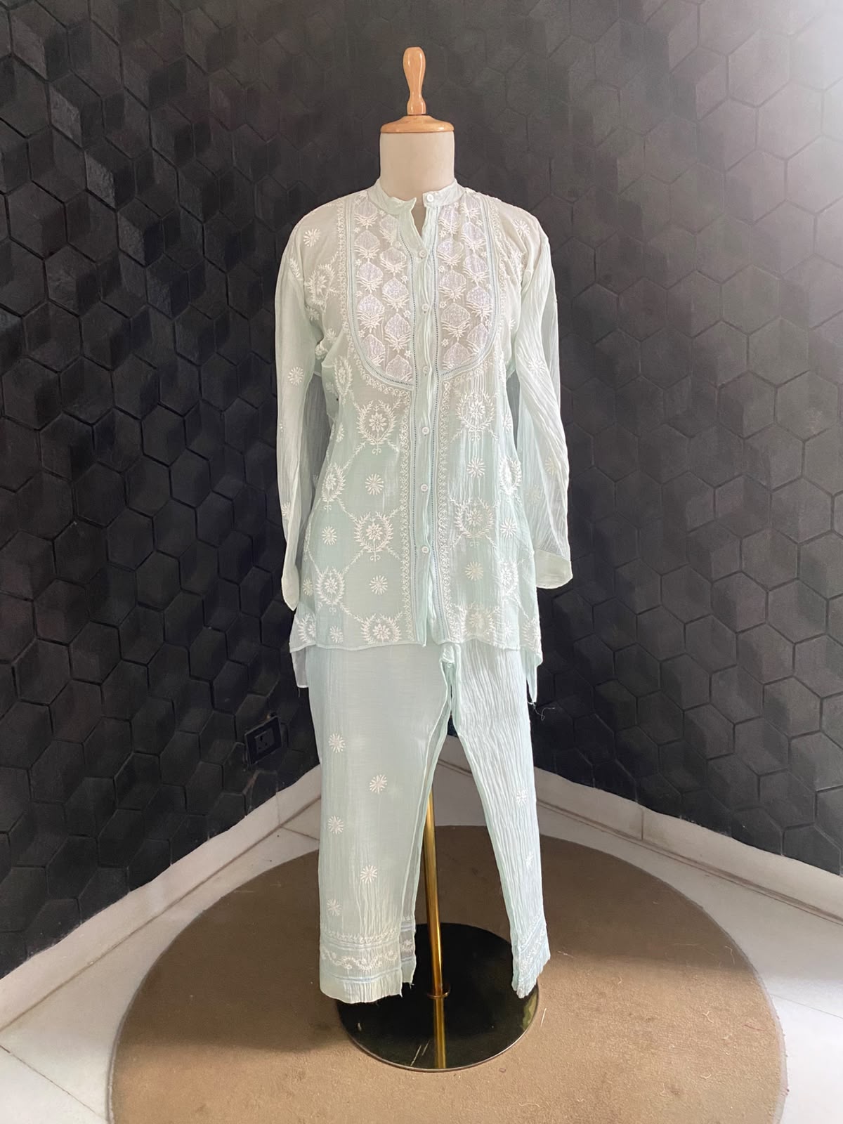 Sea Green Mul Chanderi Chikankari Co-ord set