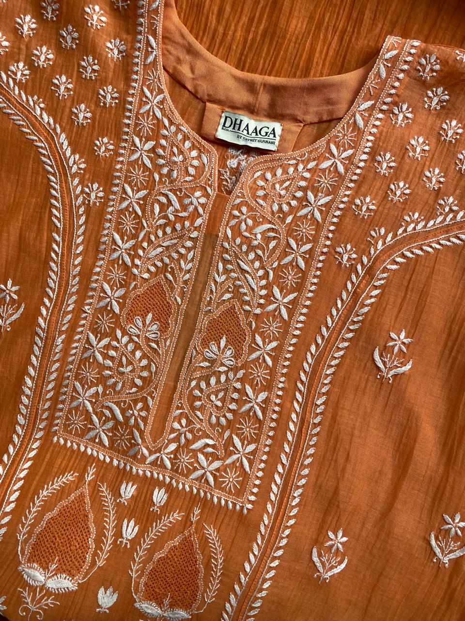 Orange Mul Chanderi Chikankari with jaali Kurta Set