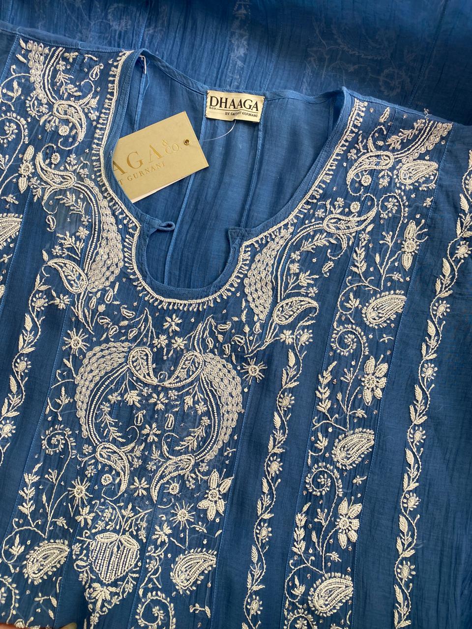 Cobalt Blue Mul Chanderi Chikankari Anarkali Kurta Set