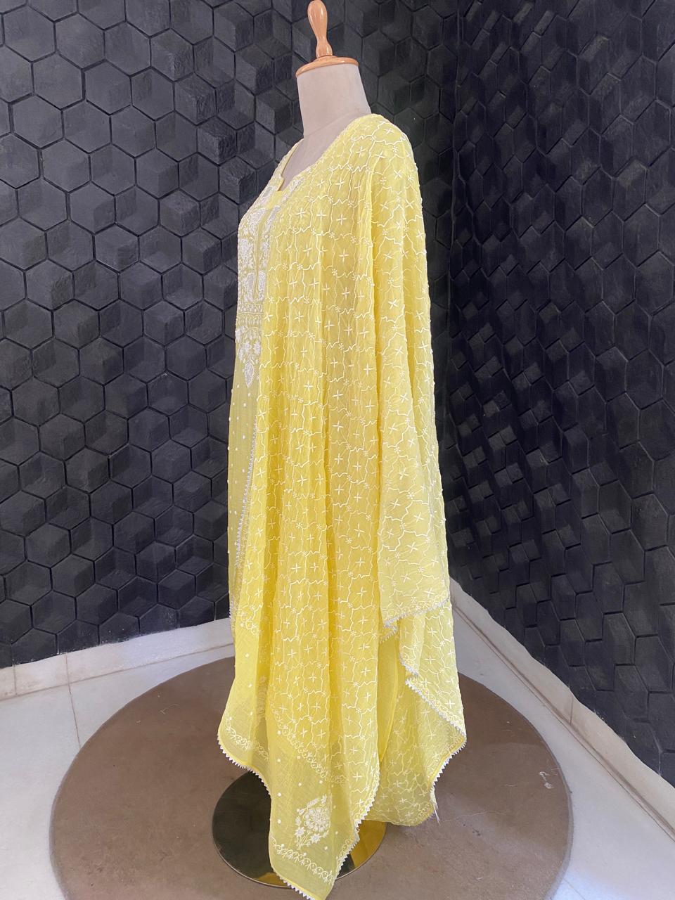 yellow Mul Chanderi Chikankari Kurta Set