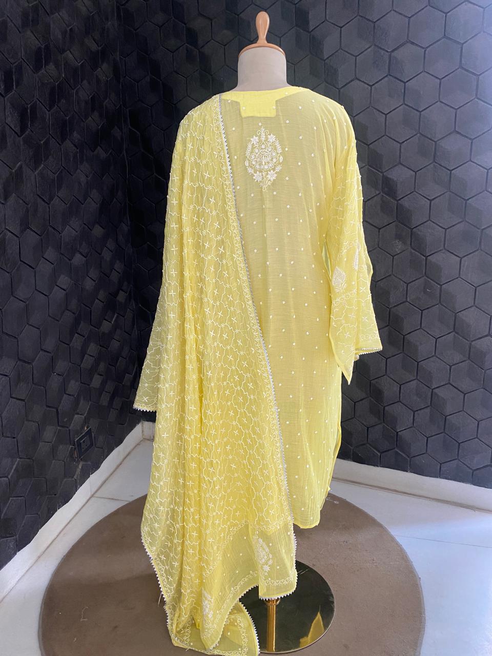 yellow Mul Chanderi Chikankari Kurta Set