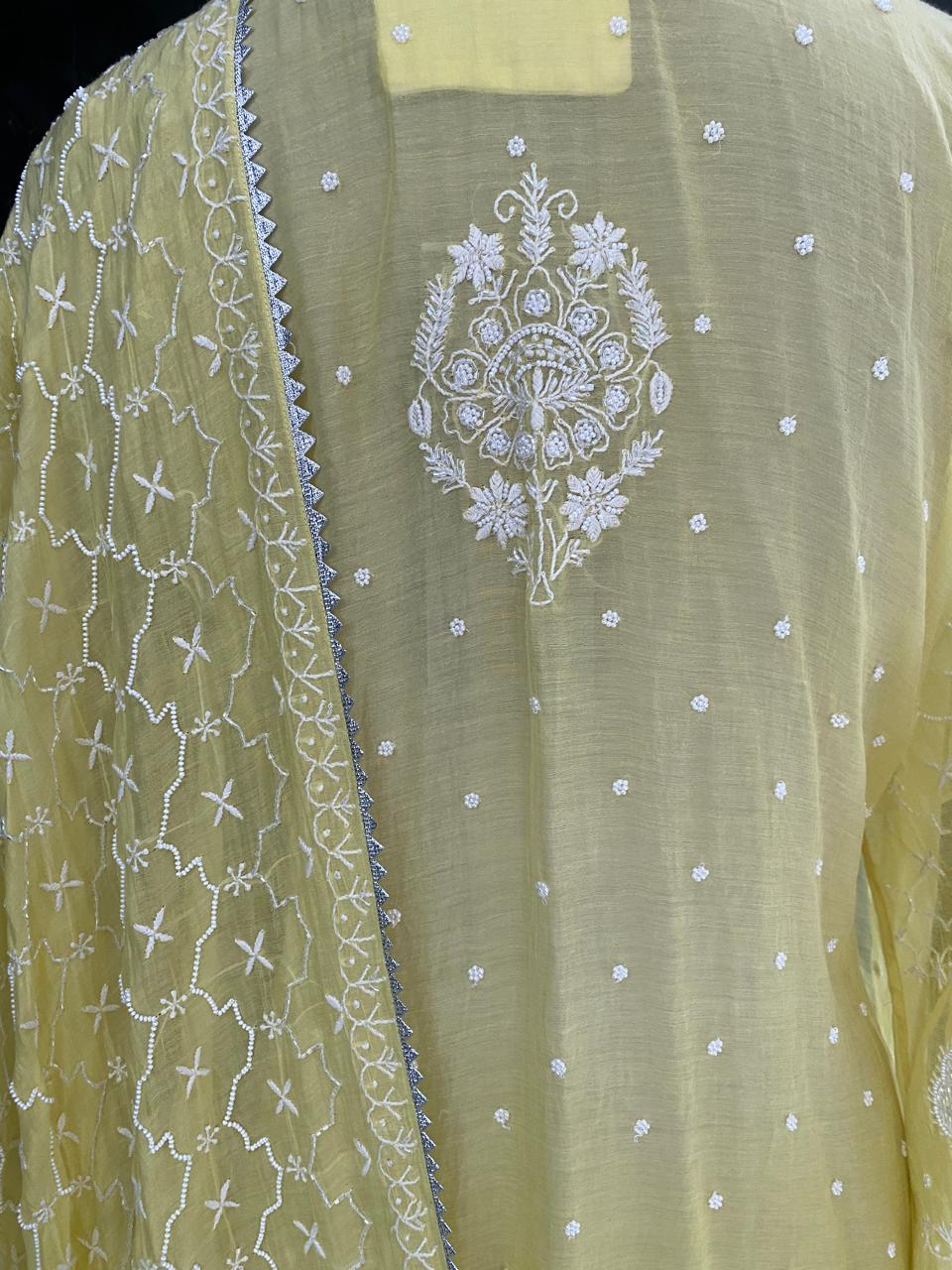 yellow Mul Chanderi Chikankari Kurta Set
