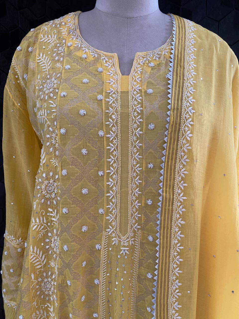 yellow Mul chanderi zari Box kasab anarkali suit