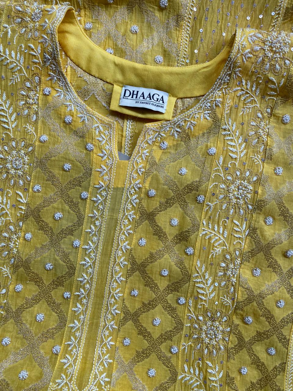 yellow Mul chanderi zari Box kasab anarkali suit