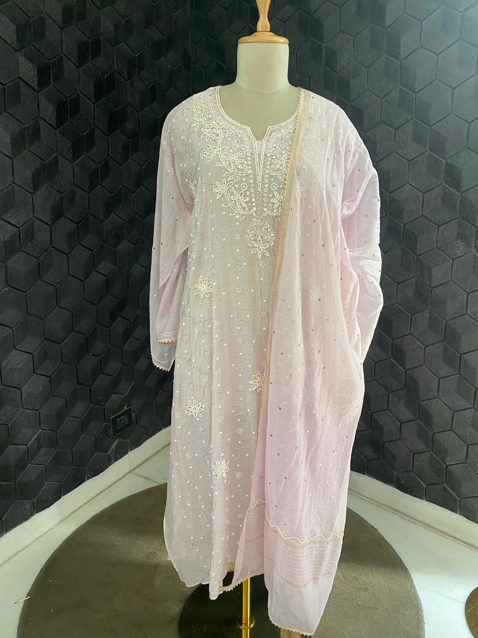 Lilac Mul Chanderi kaamdani kurta set