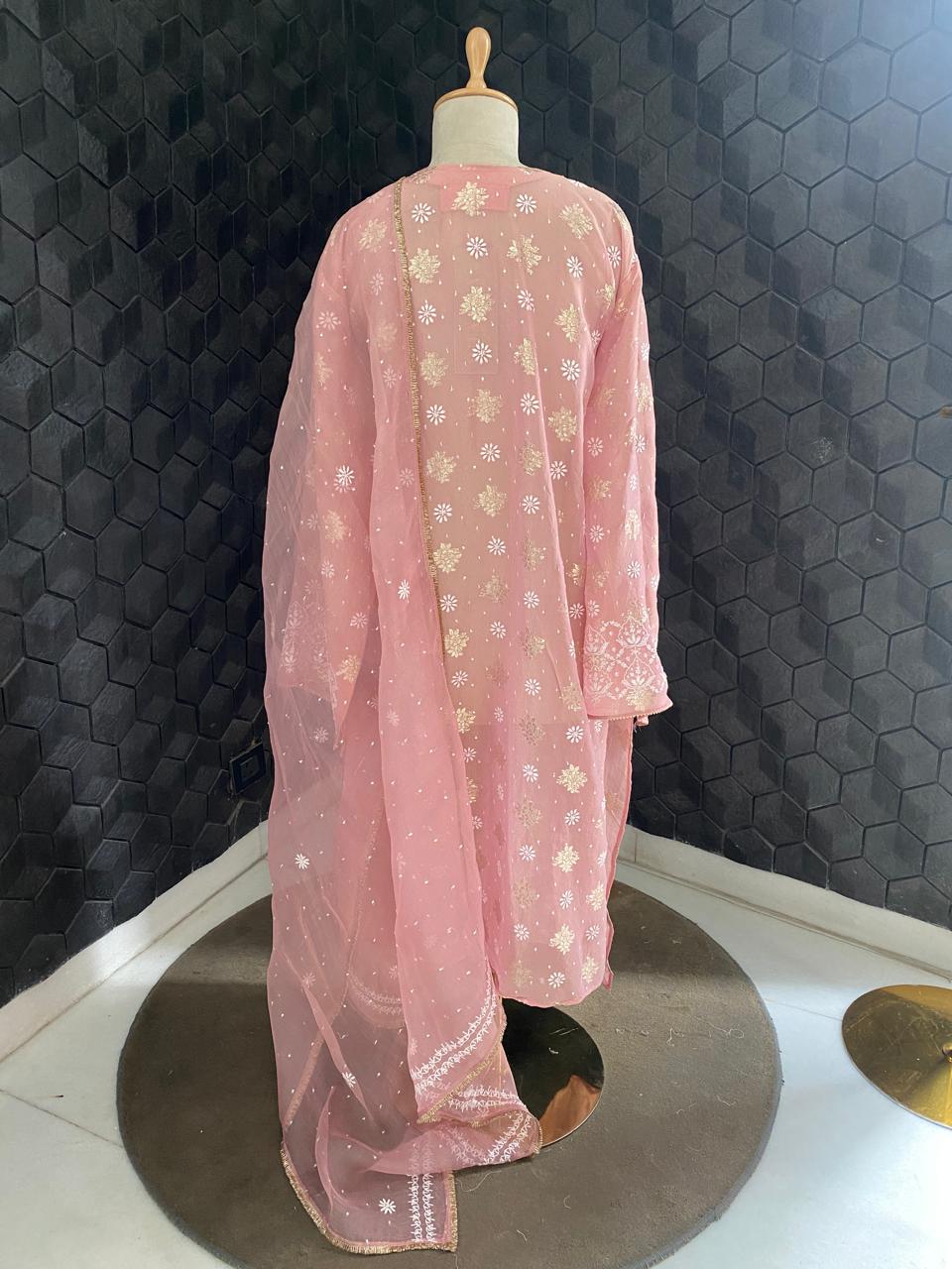 Pink shimmer organza chikankari kurta set