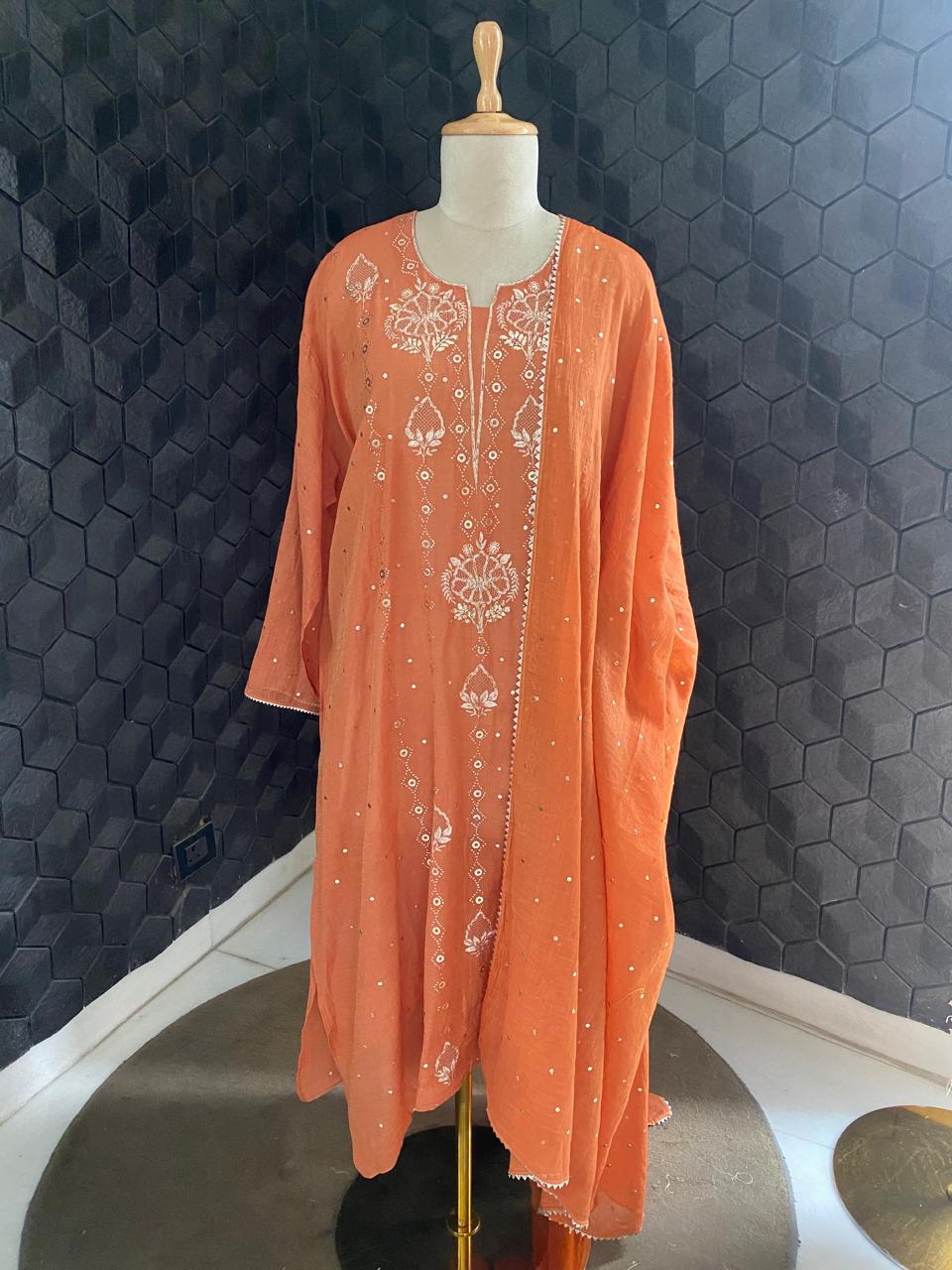 Burnt Orange Golden Tissue chikankari kurta set