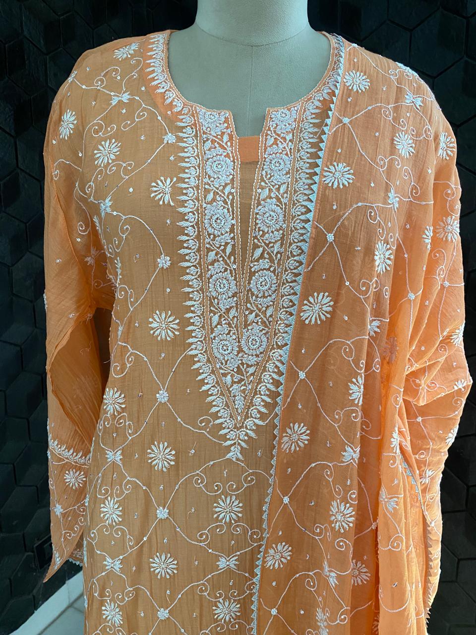 Rust Orange Mul Chanderi chikankari kurta set