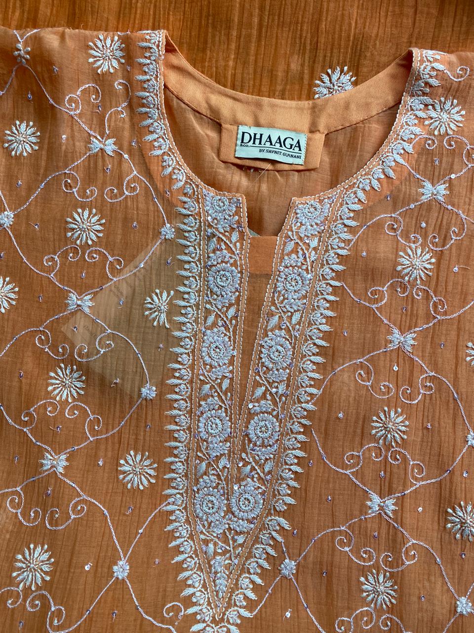 Rust Orange Mul Chanderi chikankari kurta set
