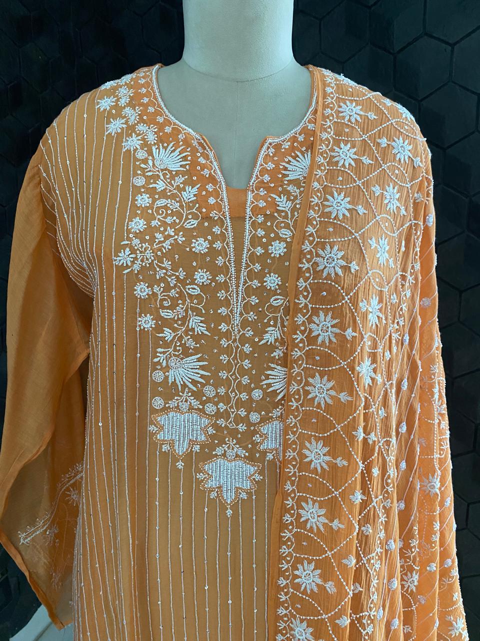 orange Mul Chanderi Chikankari Kurta Set