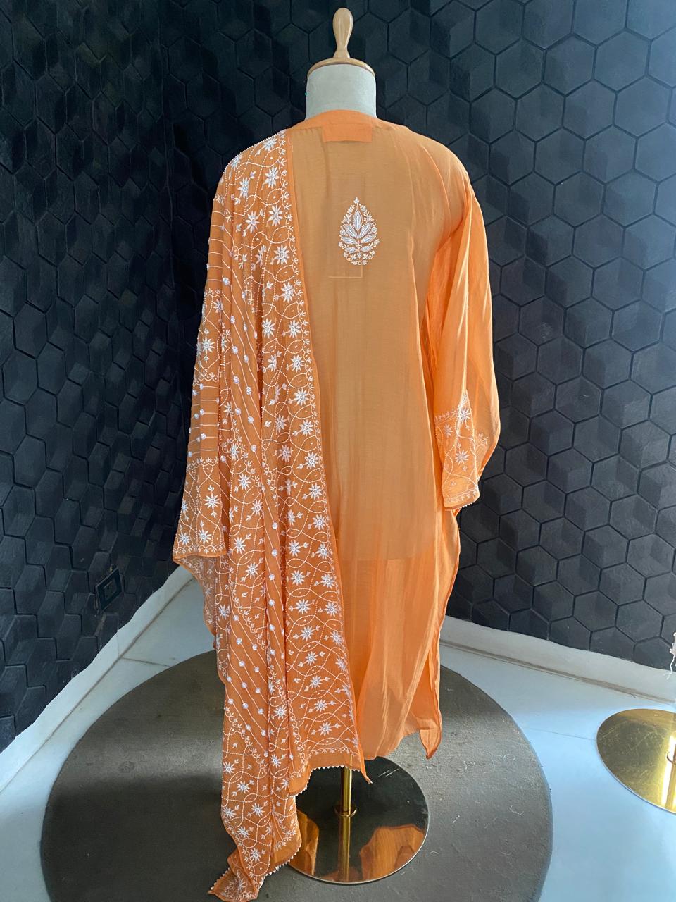 orange Mul Chanderi Chikankari Kurta Set