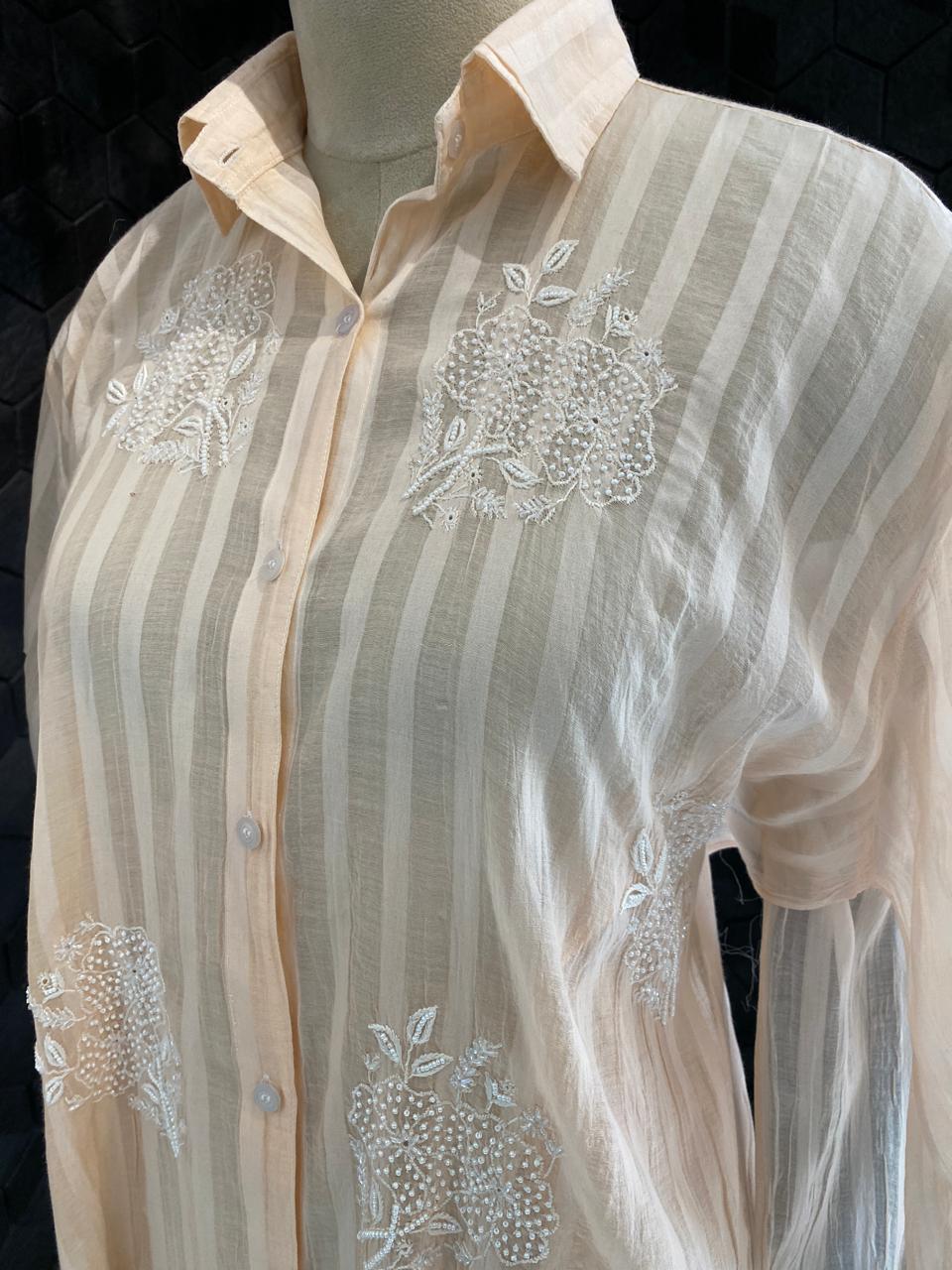 Peach striped Mul Chanderi Chikankari Co-ord set