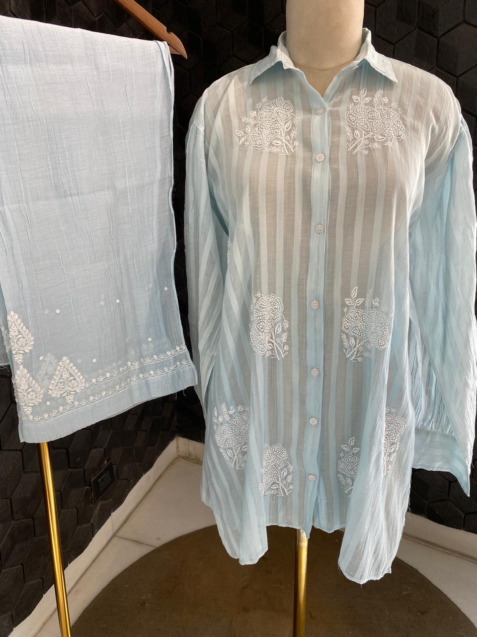 Sky Blue striped Mul Chanderi Chikankari Co-ord set
