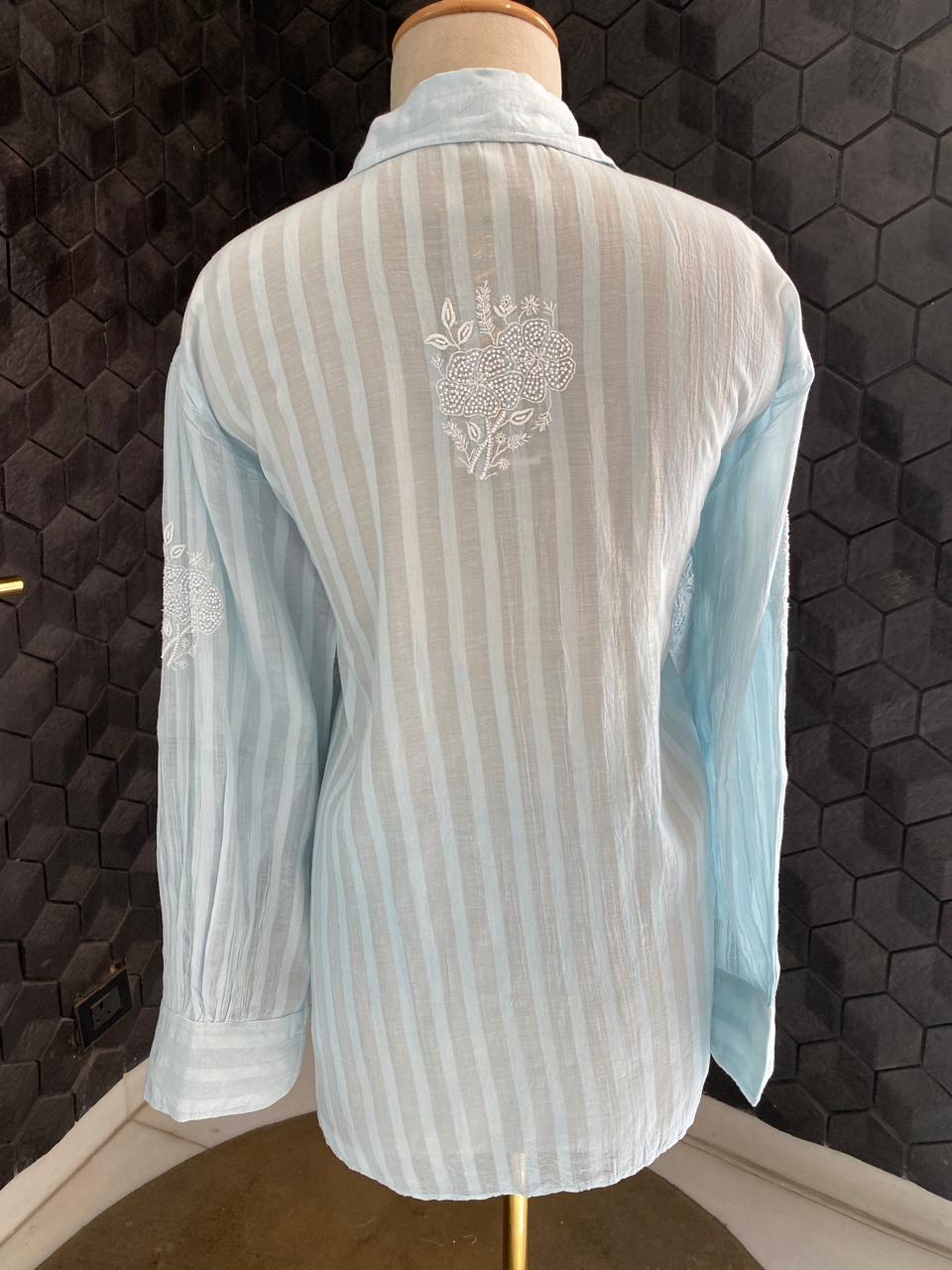 Sky Blue striped Mul Chanderi Chikankari Co-ord set