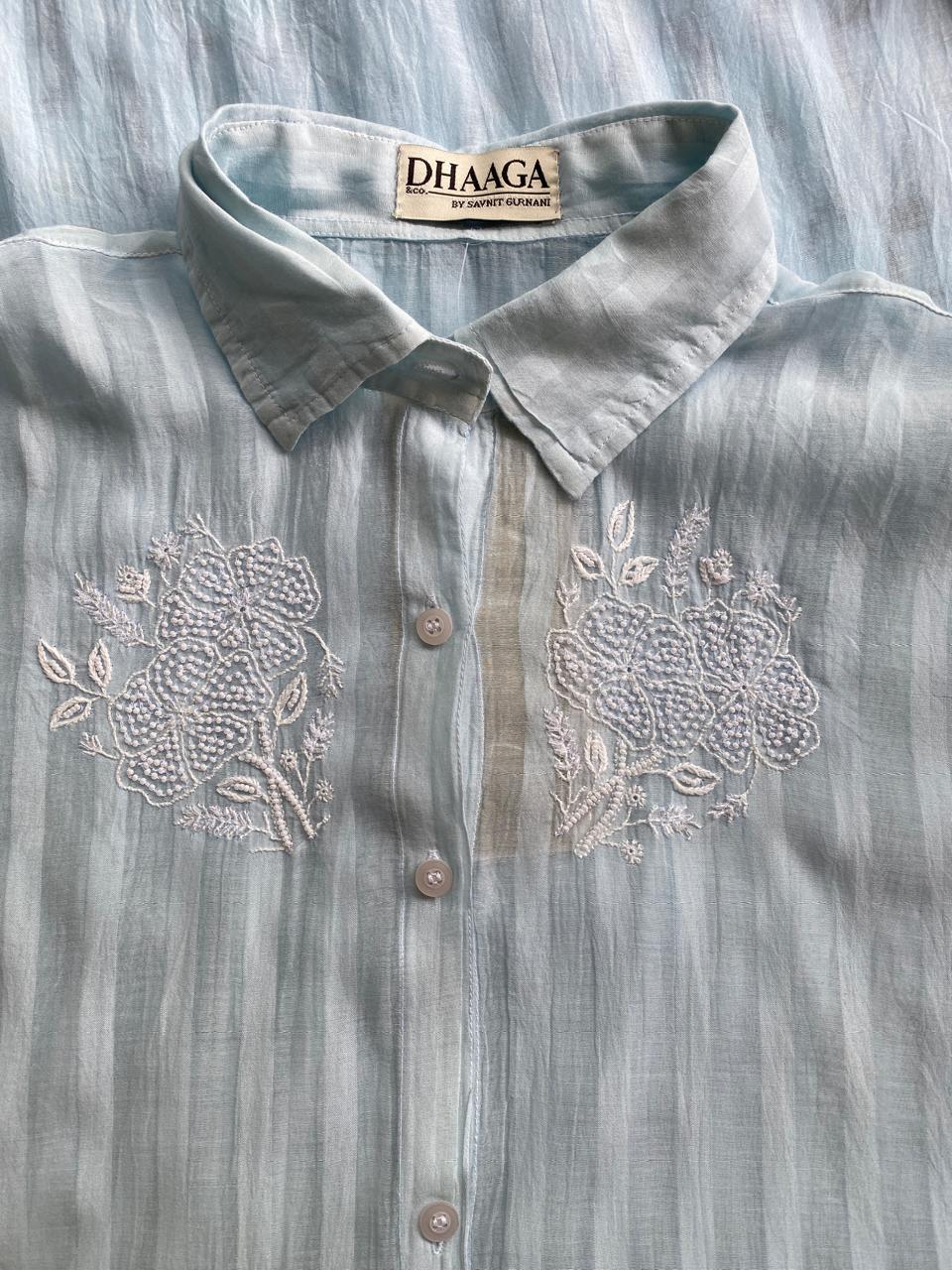 Sky Blue striped Mul Chanderi Chikankari Co-ord set