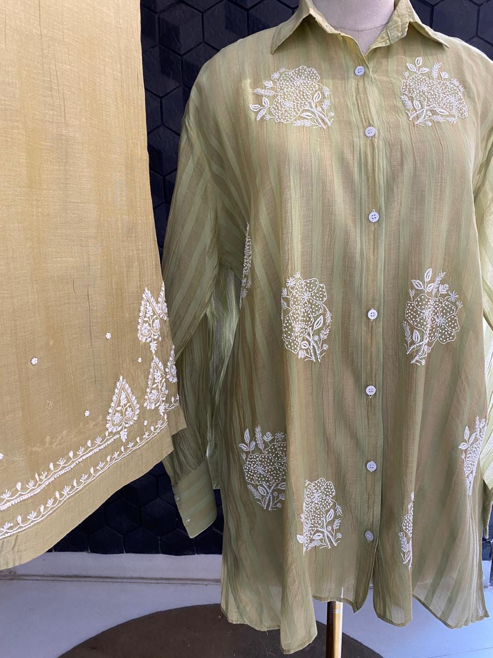 Pista green striped Mul Chanderi Chikankari Co-ord set