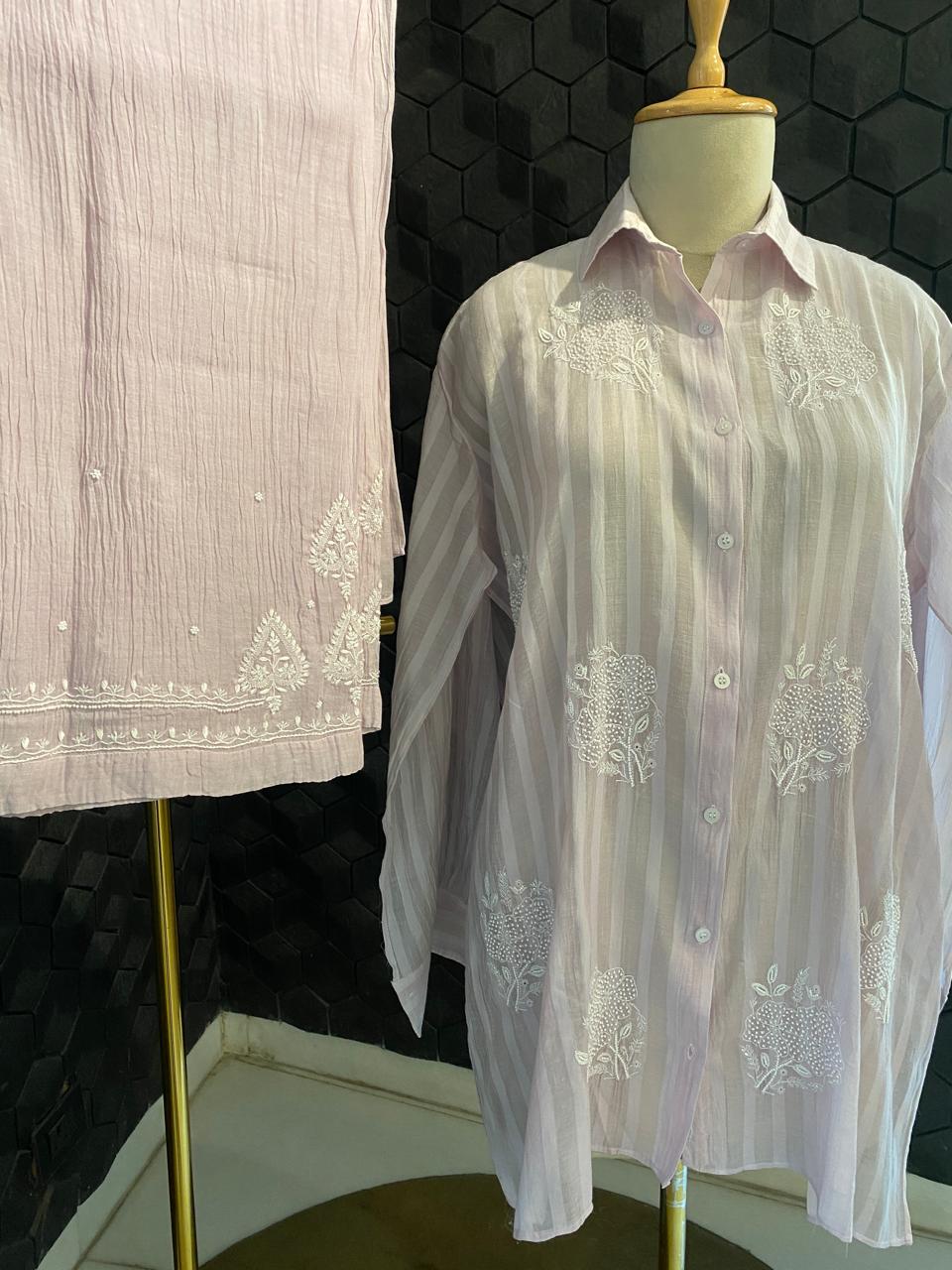 Lilac striped Mul Chanderi Chikankari Co-ord set