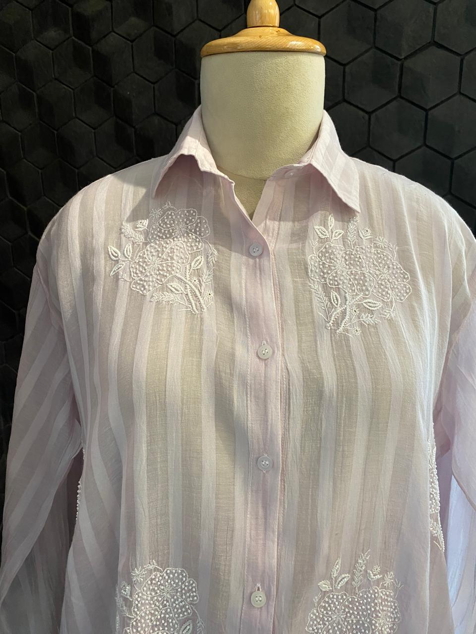 Lilac striped Mul Chanderi Chikankari Co-ord set
