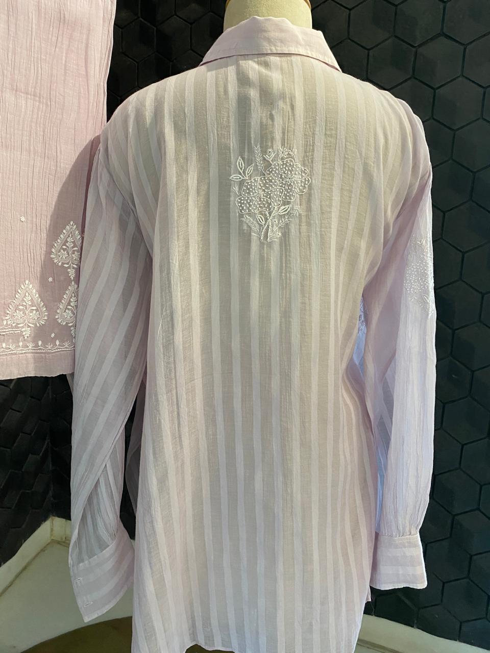 Lilac striped Mul Chanderi Chikankari Co-ord set
