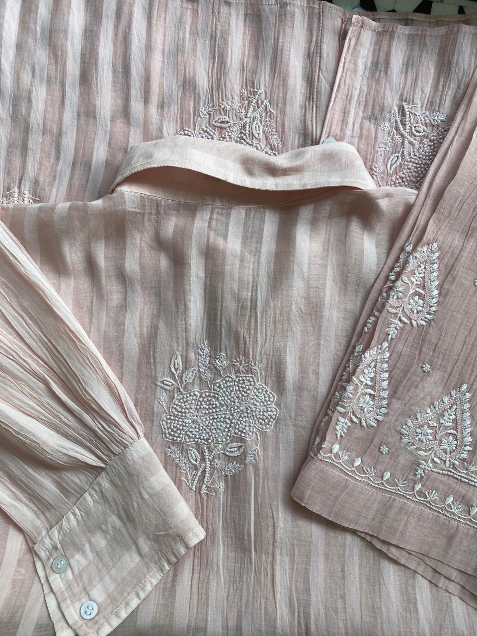 Pink striped Mul Chanderi Chikankari Co-ord set