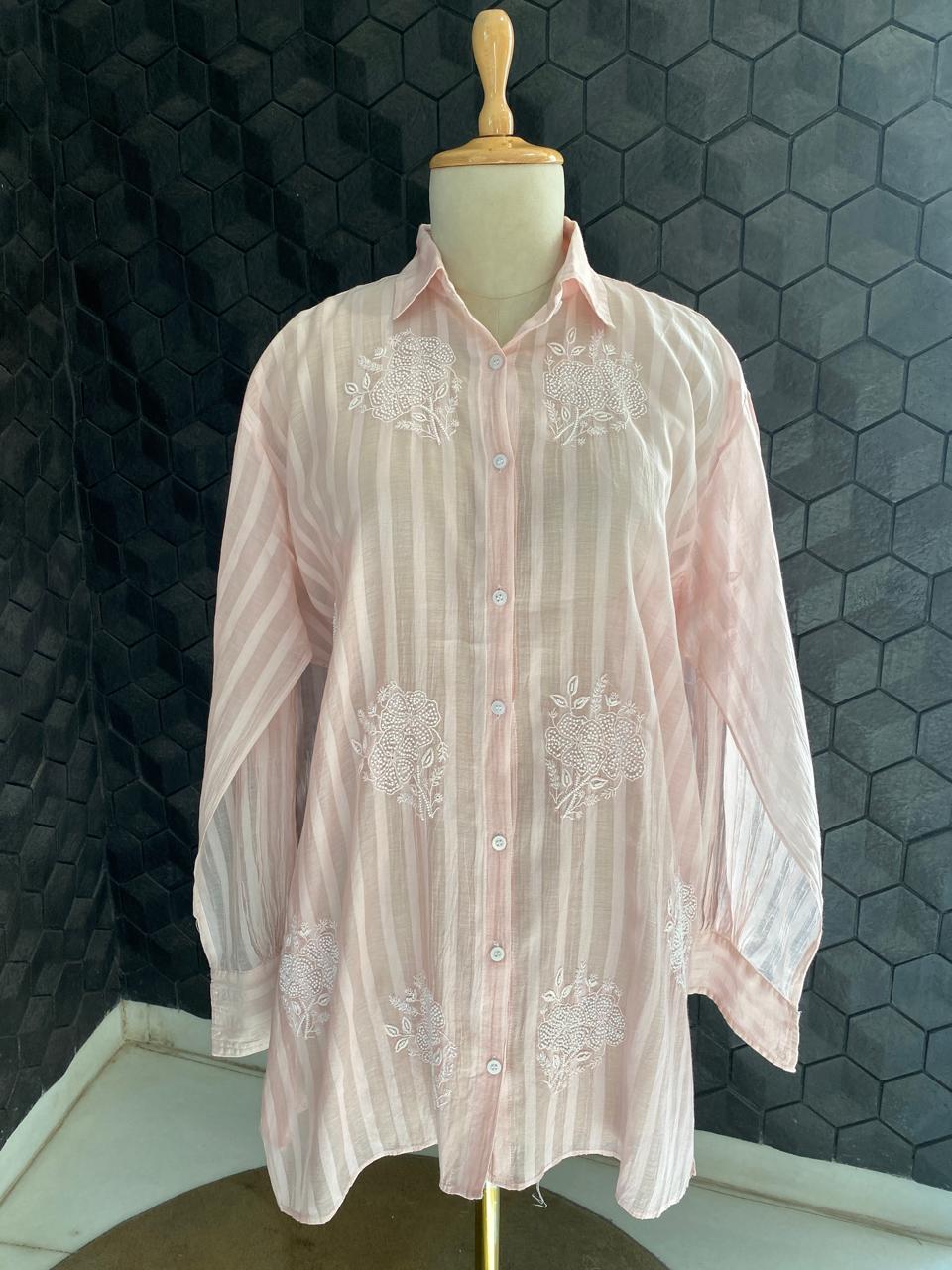 Pink striped Mul Chanderi Chikankari Co-ord set