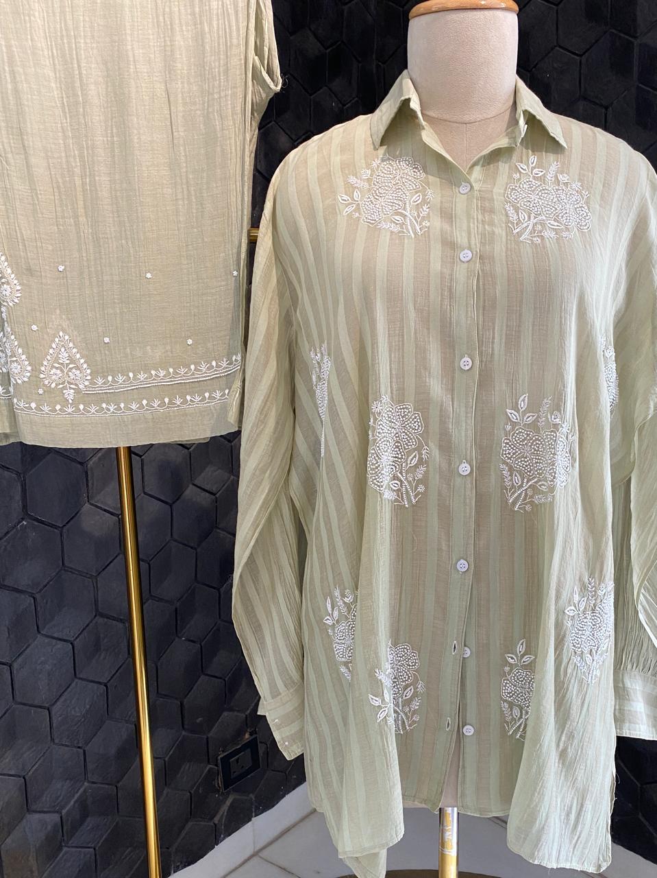 Dusty green striped Mul Chanderi Chikankari Co-ord set