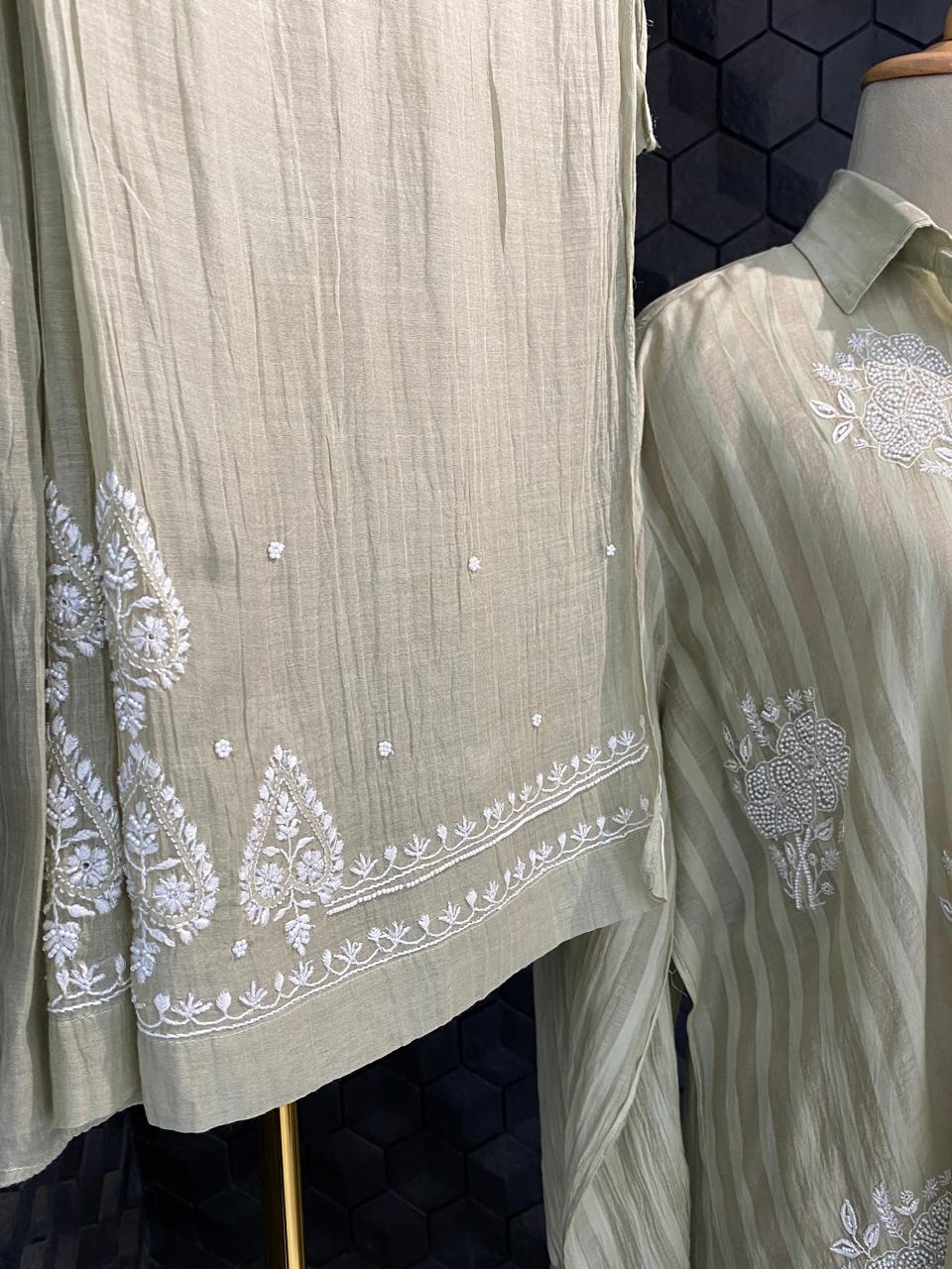 Dusty green striped Mul Chanderi Chikankari Co-ord set