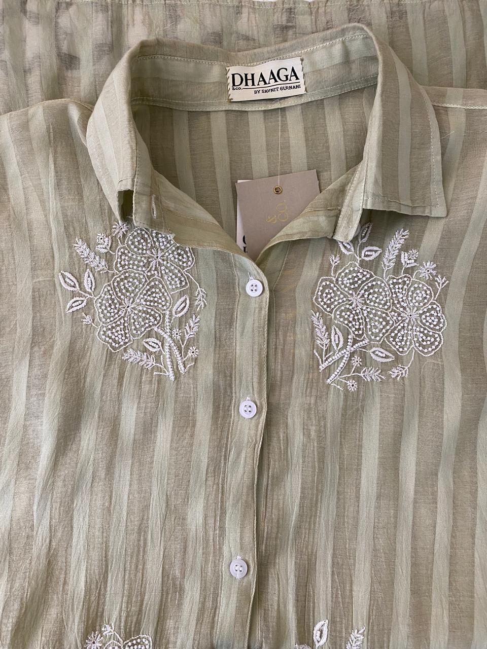 Dusty green striped Mul Chanderi Chikankari Co-ord set