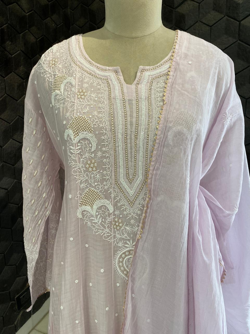 Lilac mul chanderi chikankari anarkali kurta set